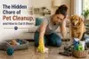 A woman in gloves looks frustrated while cleaning pet hair on the floor. A golden retriever watches beside cleaning supplies. Text reads: "The Hidden Chore of Pet Cleanup, and How to Cut It Down."