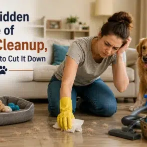 A woman in gloves looks frustrated while cleaning pet hair on the floor. A golden retriever watches beside cleaning supplies. Text reads: "The Hidden Chore of Pet Cleanup, and How to Cut It Down."