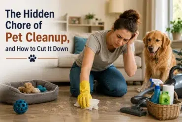 A woman in gloves looks frustrated while cleaning pet hair on the floor. A golden retriever watches beside cleaning supplies. Text reads: "The Hidden Chore of Pet Cleanup, and How to Cut It Down."
