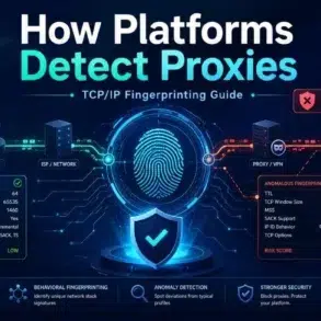 Diagram illustrating how platforms detect proxies through TCP/IP fingerprinting by comparing typical and anomalous network traffic characteristics.