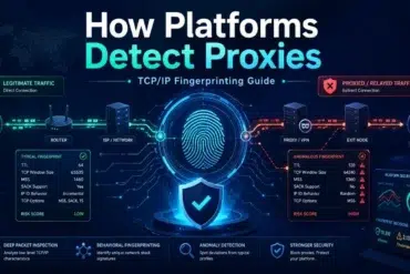 Diagram illustrating how platforms detect proxies through TCP/IP fingerprinting by comparing typical and anomalous network traffic characteristics.