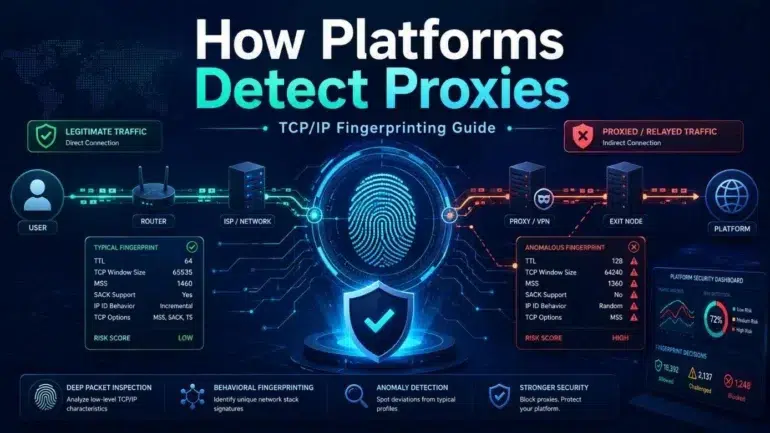 Diagram illustrating how platforms detect proxies through TCP/IP fingerprinting by comparing typical and anomalous network traffic characteristics.