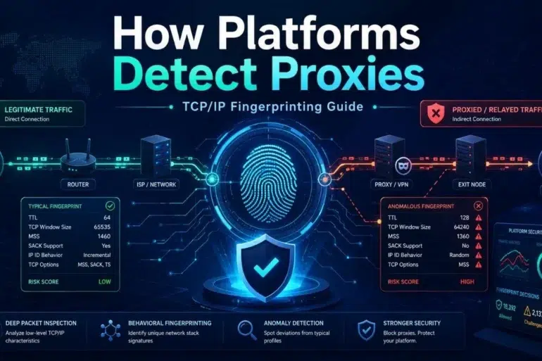 Diagram illustrating how platforms detect proxies through TCP/IP fingerprinting by comparing typical and anomalous network traffic characteristics.
