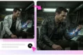 Man in a futuristic lab with glowing cybernetic arm device.