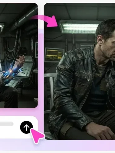 Man in a futuristic lab with glowing cybernetic arm device.