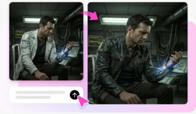 Man in a futuristic lab with glowing cybernetic arm device.