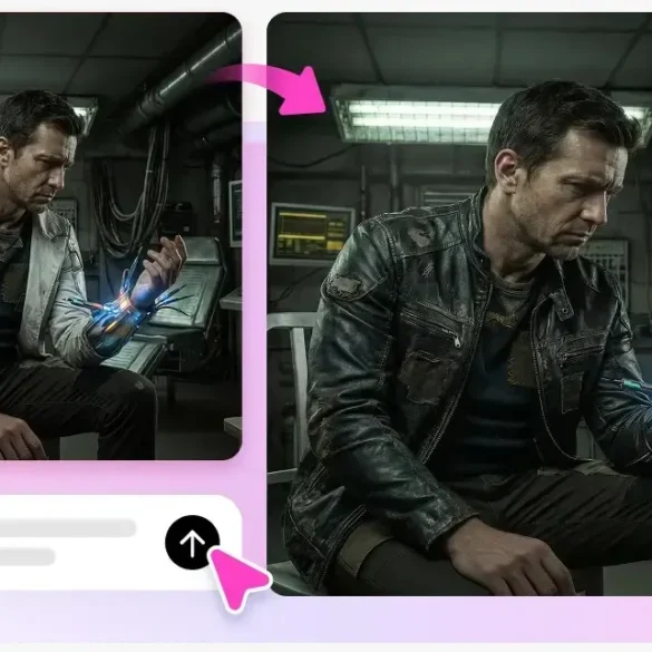 Man in a futuristic lab with glowing cybernetic arm device.