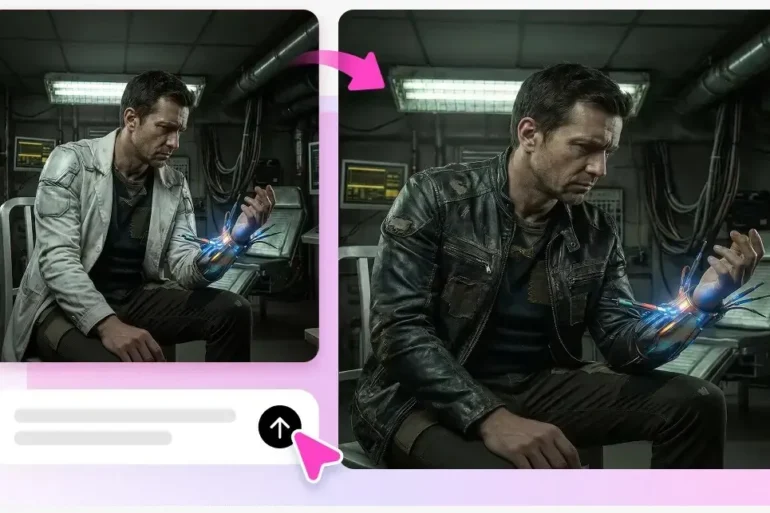 Man in a futuristic lab with glowing cybernetic arm device.