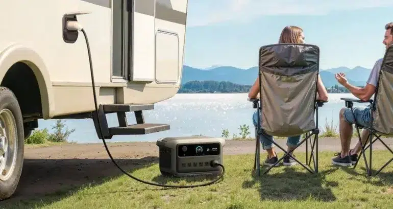 Couple sitting on camping chairs by a lake, next to an RV powered by a portable generator on the grass.