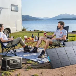 Two people relax beside a camper van at a lakeside campsite with snacks, a portable power station, and solar panels overlooking mountain scenery.