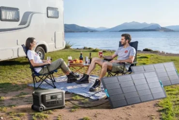 Two people relax beside a camper van at a lakeside campsite with snacks, a portable power station, and solar panels overlooking mountain scenery.