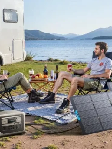 Two people relax beside a camper van at a lakeside campsite with snacks, a portable power station, and solar panels overlooking mountain scenery.