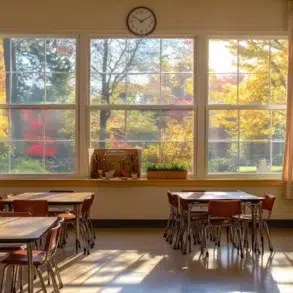 Classroom with desks and chairs facing a large window showing colorful autumn foliage.