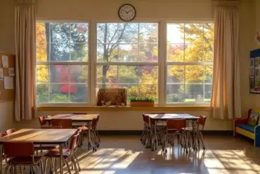 Classroom with desks and chairs facing a large window showing colorful autumn foliage.