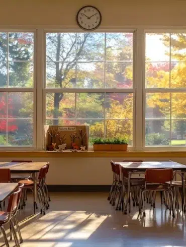 Classroom with desks and chairs facing a large window showing colorful autumn foliage.