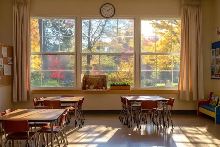 Classroom with desks and chairs facing a large window showing colorful autumn foliage.