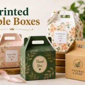 Four decorative printed gable boxes in floral, green, and kraft designs are arranged on a tabletop with plants, ribbon, and twine, beneath the text “Printed Gable Boxes.”