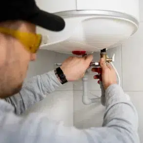 Plumber in safety glasses working on a water heater connection.