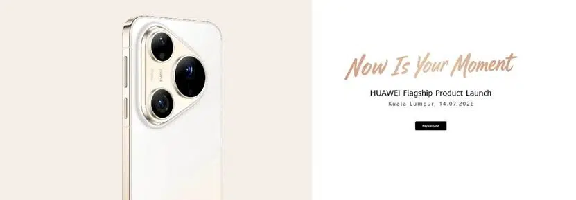 Close-up of a white smartphone with a triple-lens camera array, next to text announcing the HUAWEI Flagship Product Launch in Kuala Lumpur on 14.07.2026.