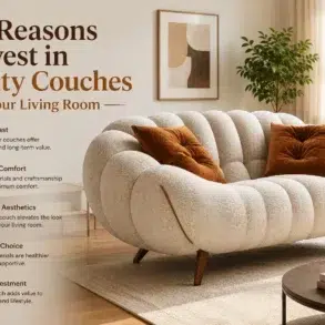 A tufted, cream-colored couch with brown accent pillows sits in a modern living room with text highlighting reasons to invest in quality couches.
