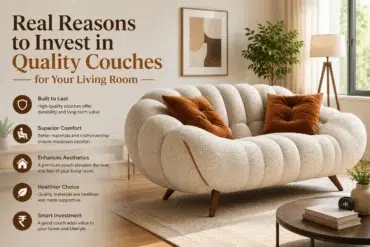 A tufted, cream-colored couch with brown accent pillows sits in a modern living room with text highlighting reasons to invest in quality couches.