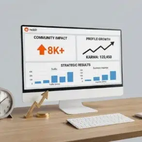 Desktop setup featuring a Reddit analytics dashboard on a computer screen, with charts for community impact, profile growth, and strategic results, alongside a clock and golden arrow.
