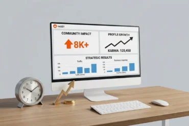 Desktop setup featuring a Reddit analytics dashboard on a computer screen, with charts for community impact, profile growth, and strategic results, alongside a clock and golden arrow.