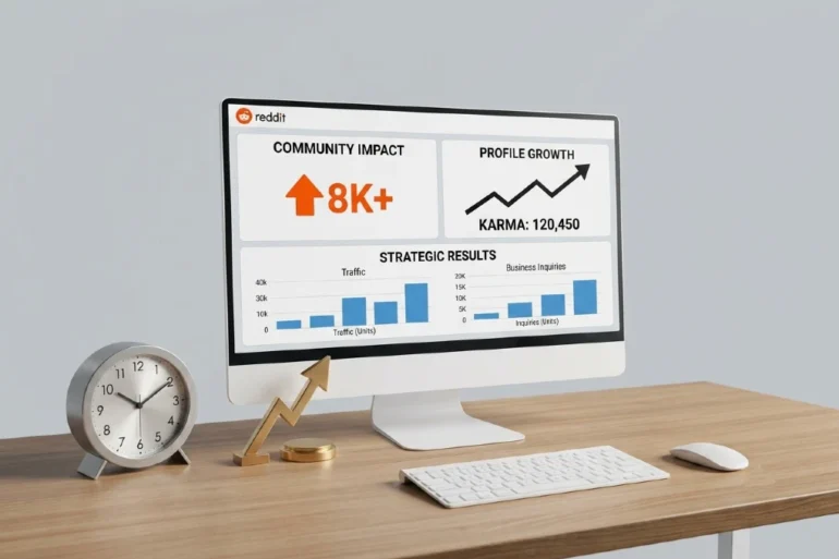 Desktop setup featuring a Reddit analytics dashboard on a computer screen, with charts for community impact, profile growth, and strategic results, alongside a clock and golden arrow.