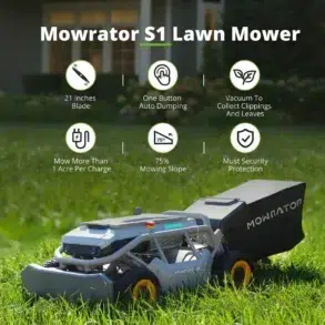 A Mowrator S1 robotic lawn mower with a grass catcher sits on a green lawn in front of a house.