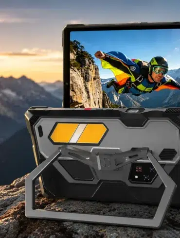 Rugged tablet on a rocky mountain top at sunset, displaying an image of a skydiver. Orange tent and distant peaks enhance the adventurous mood.