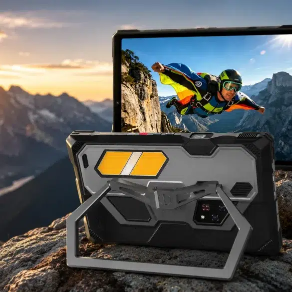 Rugged tablet on a rocky mountain top at sunset, displaying an image of a skydiver. Orange tent and distant peaks enhance the adventurous mood.