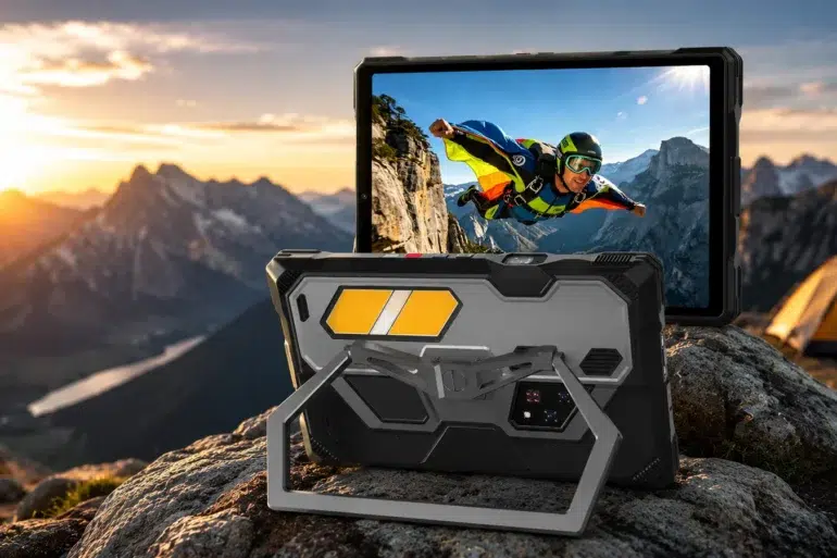 Rugged tablet on a rocky mountain top at sunset, displaying an image of a skydiver. Orange tent and distant peaks enhance the adventurous mood.