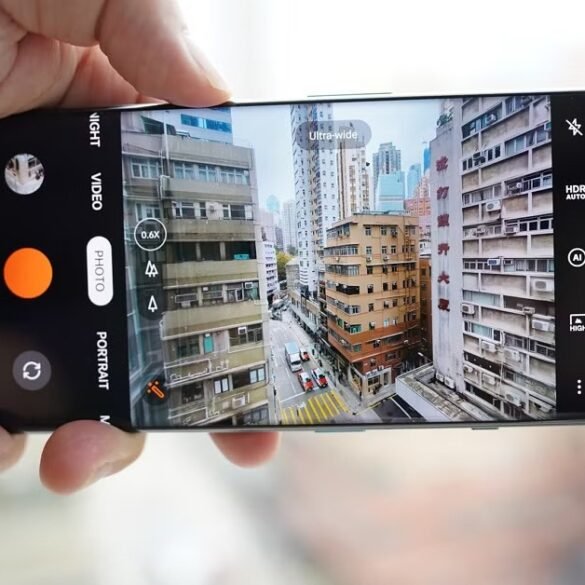 A hand holds a smartphone horizontally, displaying the camera app interface capturing an ultra-wide view of a dense urban street scene with tall buildings.
