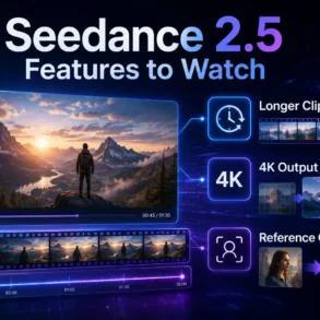 Seedance 2.5 promotional graphic showcasing features like longer clips, 4K output, and reference control with visual examples of video editing.