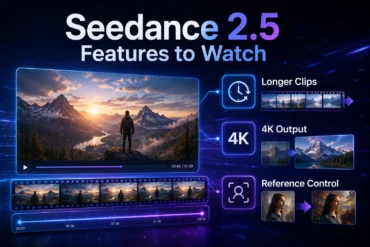 Seedance 2.5 promotional graphic showcasing features like longer clips, 4K output, and reference control with visual examples of video editing.