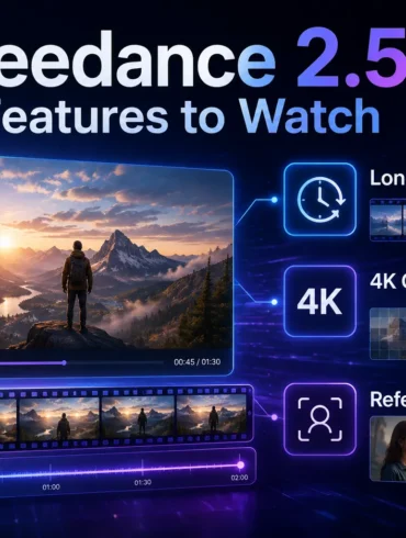 Seedance 2.5 promotional graphic showcasing features like longer clips, 4K output, and reference control with visual examples of video editing.