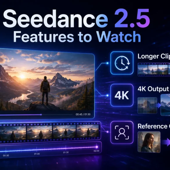 Seedance 2.5 promotional graphic showcasing features like longer clips, 4K output, and reference control with visual examples of video editing.