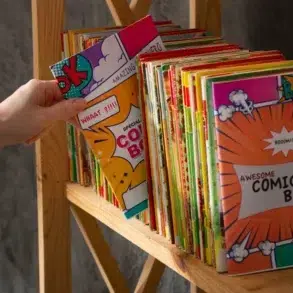 Hand selects a colorful comic book from a shelf filled with many comic books.