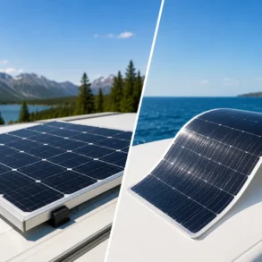 Collage of a rigid solar panel on an RV roof with mountains in the background and a flexible solar panel on a boat deck with the ocean behind.