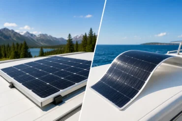 Collage of a rigid solar panel on an RV roof with mountains in the background and a flexible solar panel on a boat deck with the ocean behind.