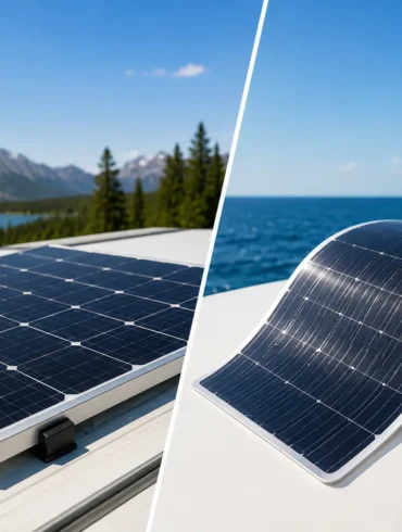 Collage of a rigid solar panel on an RV roof with mountains in the background and a flexible solar panel on a boat deck with the ocean behind.