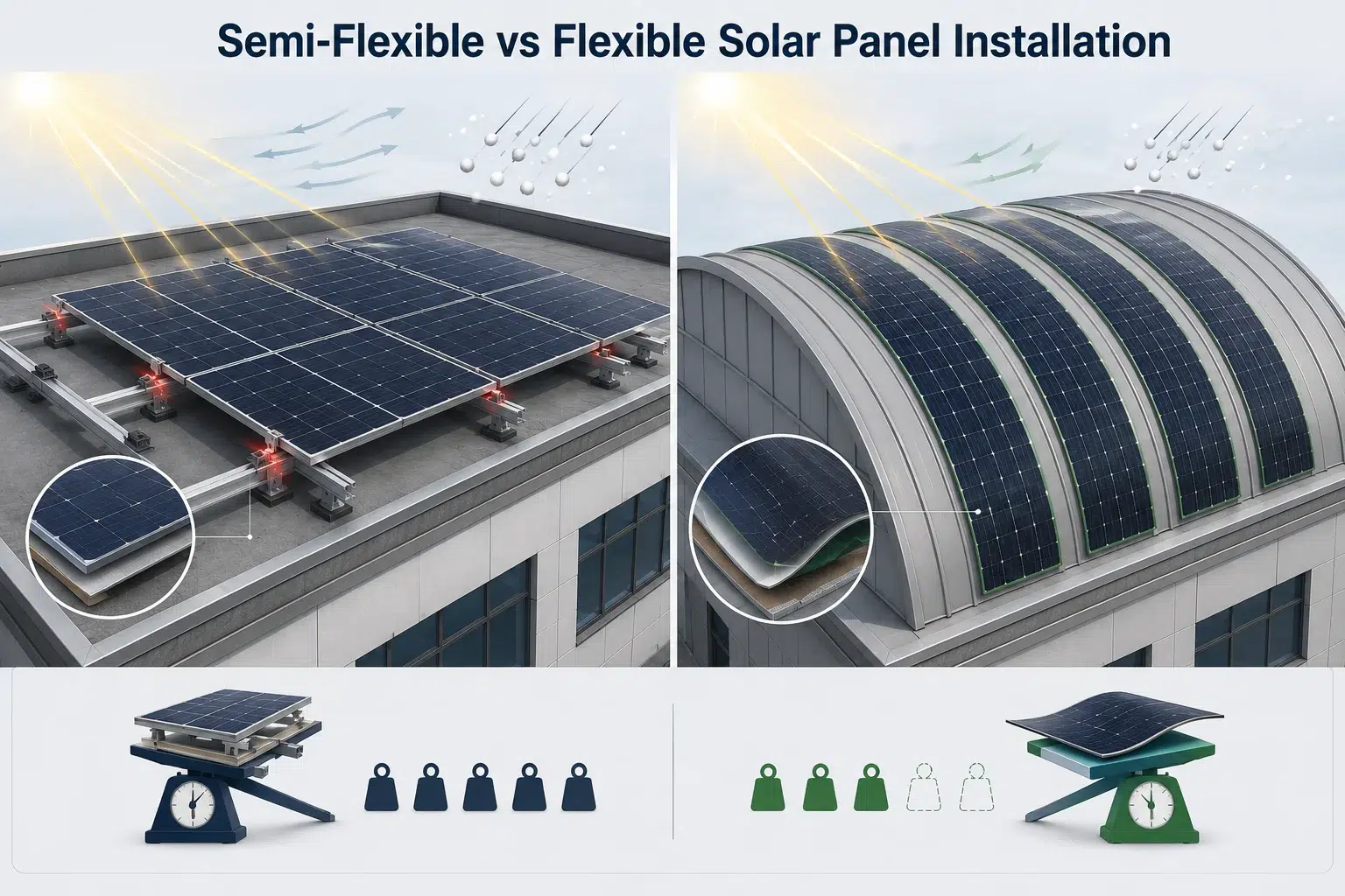 Side-by-side comparison of semi-flexible solar panel installation on a flat roof versus flexible solar panels on a curved roof, with weight comparisons shown below.
