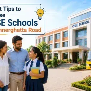A smiling family stands outside a modern CBSE school in Bannerghatta Road, next to a yellow school bus, with overlay text reading "Smart Tips to Choose CBSE Schools in Bannerghatta Road."