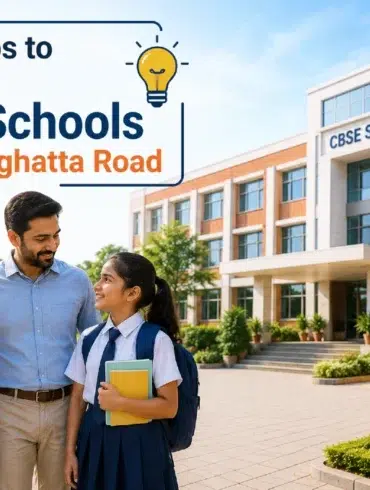 A smiling family stands outside a modern CBSE school in Bannerghatta Road, next to a yellow school bus, with overlay text reading "Smart Tips to Choose CBSE Schools in Bannerghatta Road."
