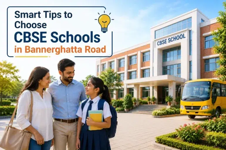 A smiling family stands outside a modern CBSE school in Bannerghatta Road, next to a yellow school bus, with overlay text reading "Smart Tips to Choose CBSE Schools in Bannerghatta Road."