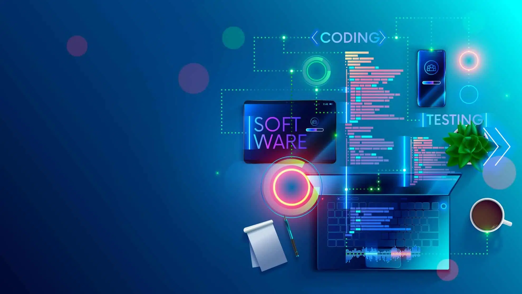 Digital devices and code snippets represent the concepts of software coding and testing.