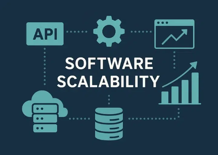 Diagram illustrating software scalability with icons for API, cloud, database, gear, and growth charts.