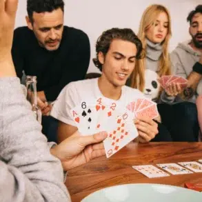 A group of friends sits around a table playing cards, displaying focus and enjoyment. Some hold hands of cards, while snacks and a drink are nearby.