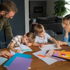 Parents help two young children with homework at a table with notebooks and school supplies.