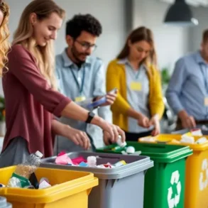 Office workers sort waste into color-coded recycling bins.